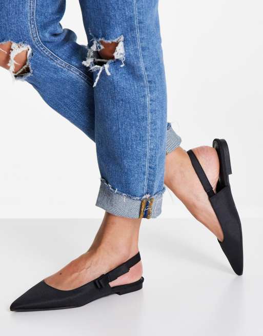 ASOS DESIGN - Leela - Sorte flade ballerinaer med spids tå og slingback med sløjfe