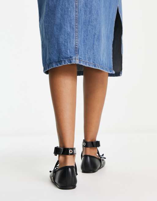 ASOS DESIGN Legend Ballerine nere premium in pelle morbida con fascetta e dettagli in metallo