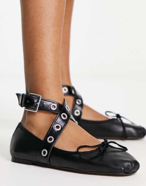 ASOS DESIGN Legend Ballerine nere premium in pelle morbida con fascetta e dettagli in metallo