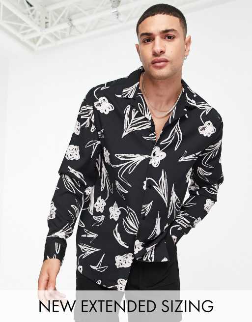 ASOS DESIGN – Legeres Hemd mit Kritzel-Blumenmotiv & Reverskragen in Schwarzweiß