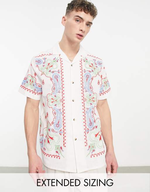 ASOS DESIGN — Legeres Hemd mit Reverskragen aus Leinenmix mit bestickter Bordüre