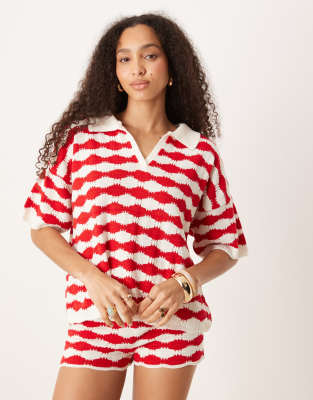 ASOS DESIGN - Legeres Polo-Top aus Strick mit rotem und weißem Streifen, Kombiteil-Bunt