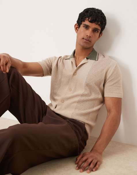 ASOS DESIGN – Legeres Strick-Poloshirt in Beige mit Knopfleiste, kontrastierendem Kragen und kastigem Schnitt - view 1