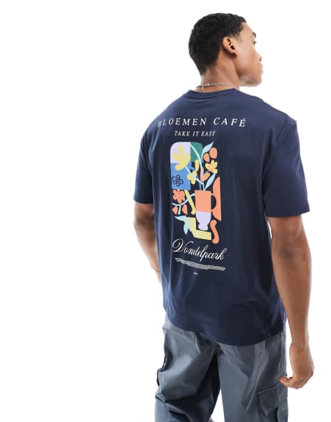 ASOS DESIGN – Legeres T-Shirt in Marineblau mit abstraktem Blumen-Kunstprint hinten - view 1