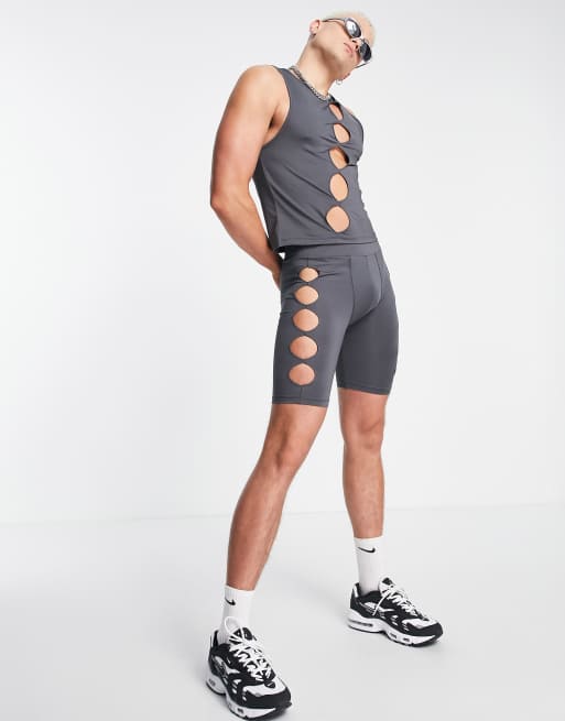ASOS DESIGN legging shorts with cut out detail in charcoal grey (part of a set)