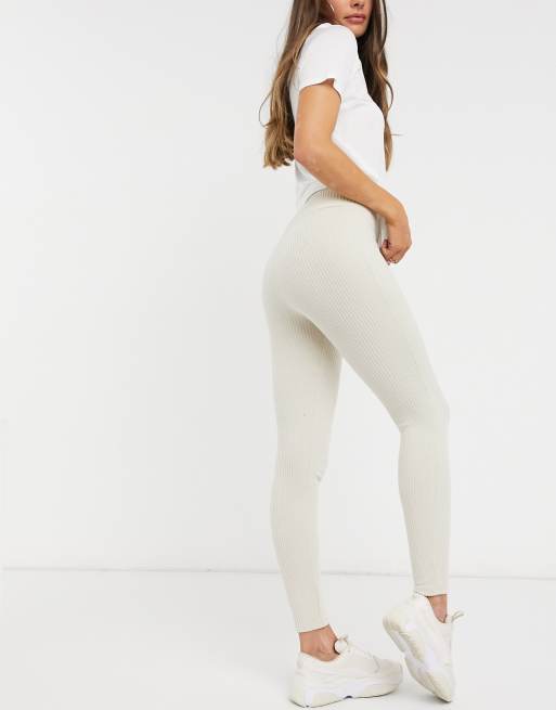 ASOS DESIGN Petite ribbed leggings in stone