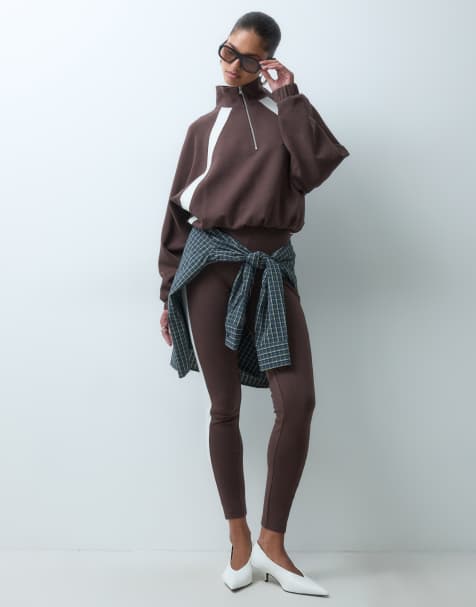 ASOS DESIGN legging with side panel detail in brown and cream - view 1