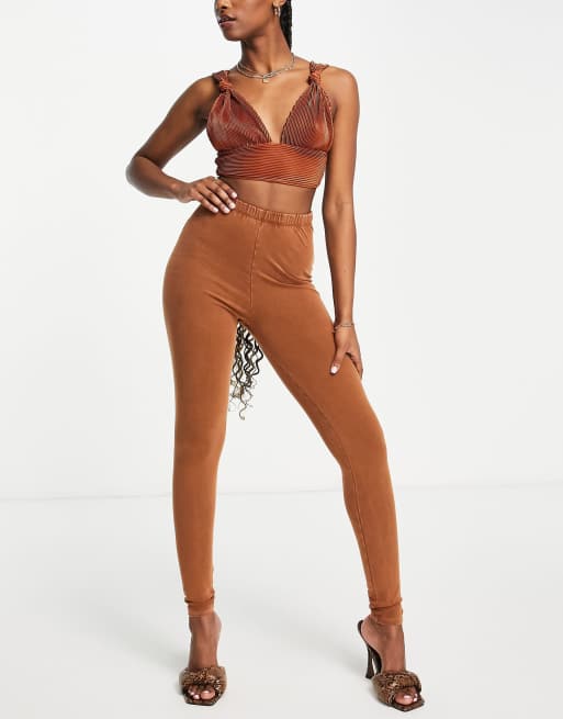 ASOS DESIGN – Leggings in verwaschenem Braun mit hohem Bund
