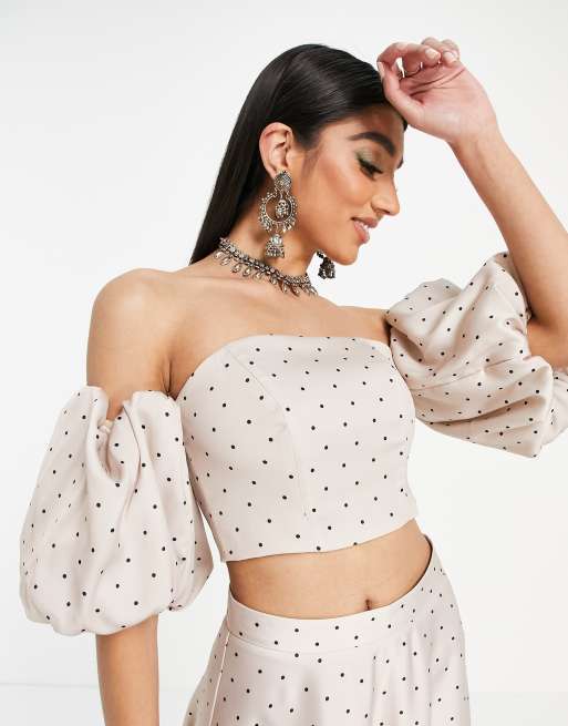 ASOS DESIGN Lehenga bandeau crop top with puff sleeve in spot print