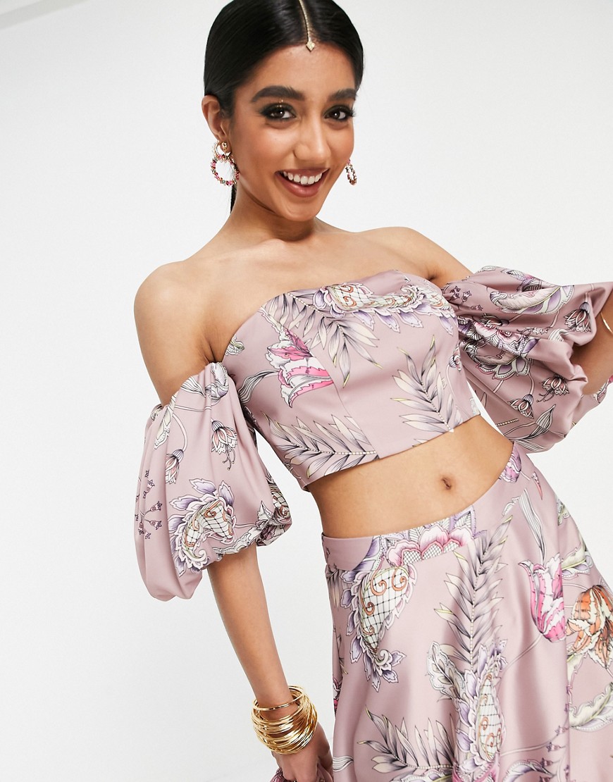 ASOS DESIGN Lehenga blouse bandeau crop top with puff sleeve in pink modern paisley print