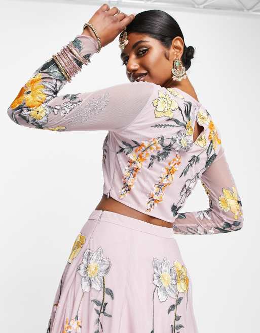 ASOS DESIGN lehenga crop top in wisteria embroidery in dusky lilac, 3 of 4