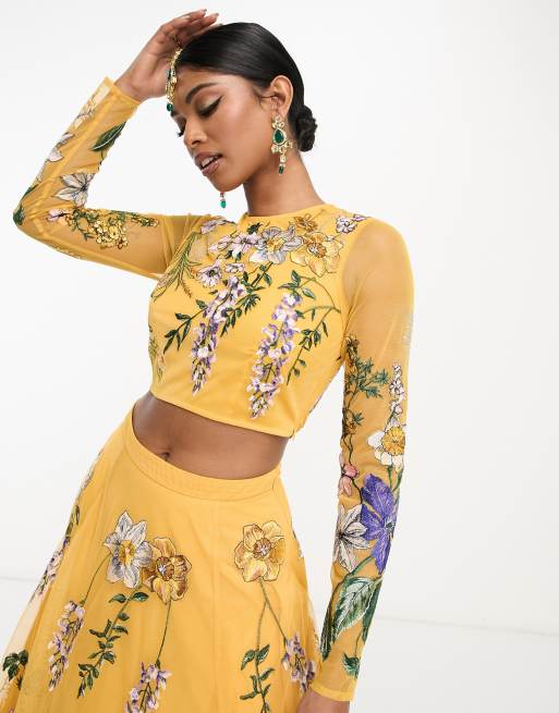 ASOS DESIGN - Lehenga-crop top met geborduurde blauwe regen in mosterdgeel