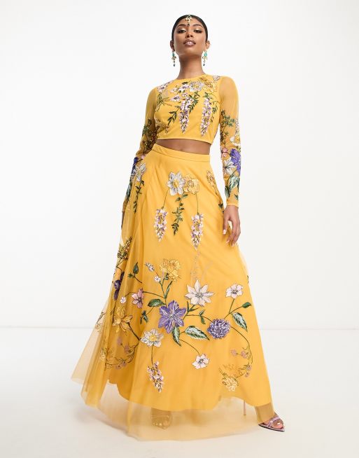 ASOS DESIGN - Lehenga-crop top met geborduurde blauwe regen in mosterdgeel, 3 van 4