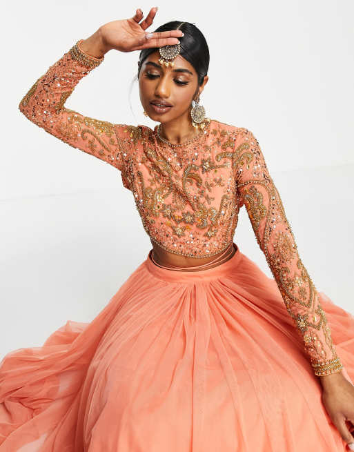 ASOS DESIGN - Lehenga - Crop top orné de strass - Corail