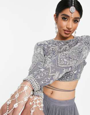 Silver Grey Embellished Lehenga With One Shoulder Blouse