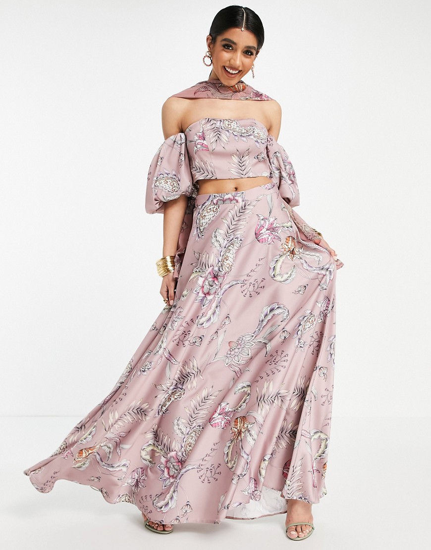 ASOS DESIGN Lehenga full maxi skirt in pink modern paisley print