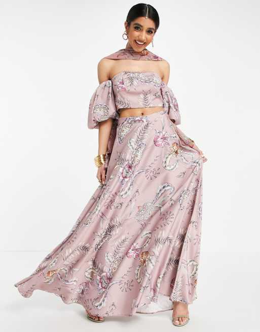 ASOS DESIGN Lehenga full maxi skirt in pink modern paisley print | ASOS