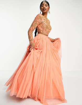 DESIGN - Lehenga - Gonna lunga in rete corallo