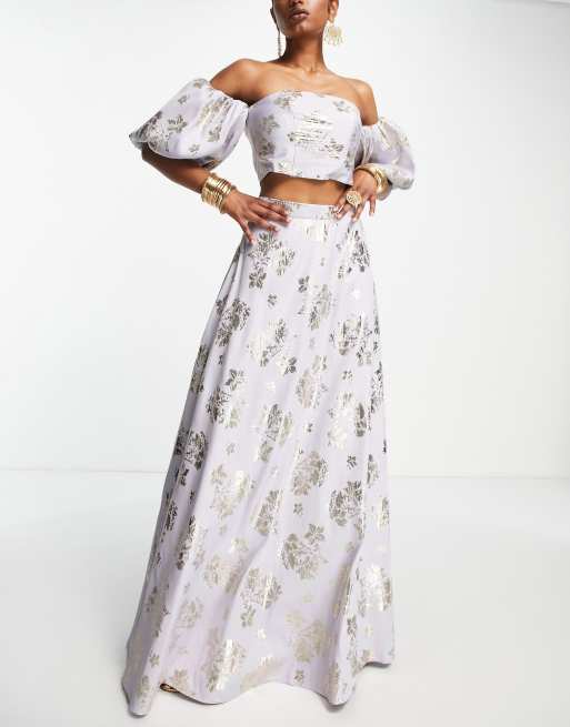 ASOS DESIGN - Lehenga - Jupe longue d'ensemble à fleurs en jacquard - Lilas, 4 de 4