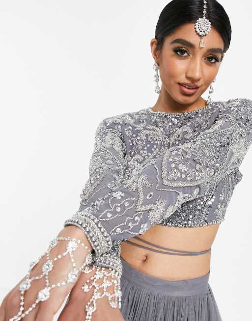 ASOS DESIGN – Szaroniebieski zestaw ze zdobionym topem i długą spódnicą, 2 z 2