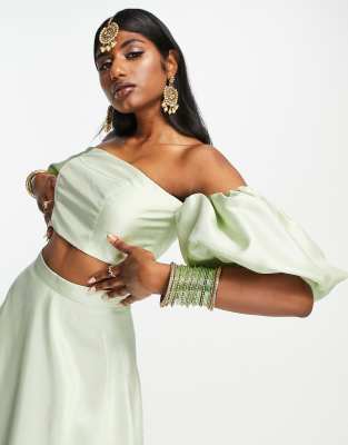 ASOS DESIGN - Lehenga - Top d'ensemble en satin - Vert sauge - view 1