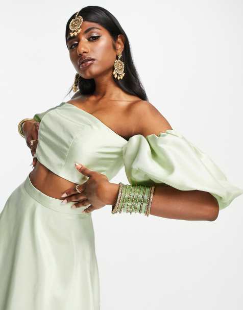 ASOS DESIGN - Lehenga-top i salviegrøn satin - Del af sæt - view 1