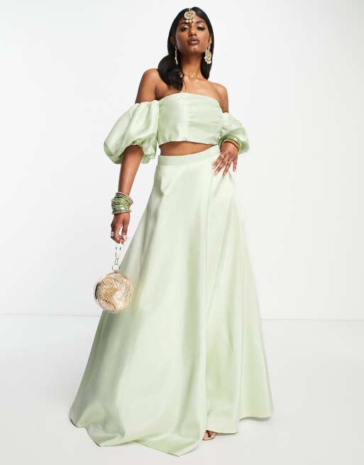 ASOS DESIGN - Lehenga-top i salviegrøn satin - Del af sæt, 3 af 4