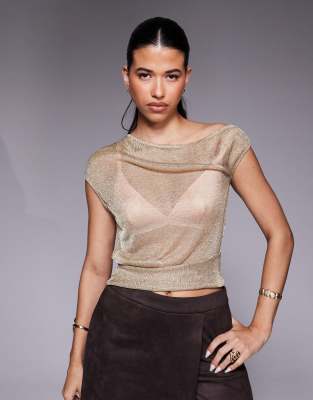 ASOS DESIGN - Leicht durchscheinendes Oberteil in Metallic-Gold mit asymmetrischer Schulterpartie-Goldfarben