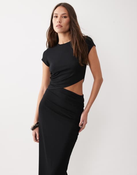 ASOS DESIGN – Leicht geripptes Midikleid in Schwarz mit Zierausschnitt - view 1