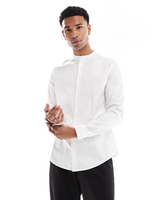 ASOS DESIGN – Leicht zu bügelndes Hemd in Weiß mit Grandad-Kragen in regulärer Passform