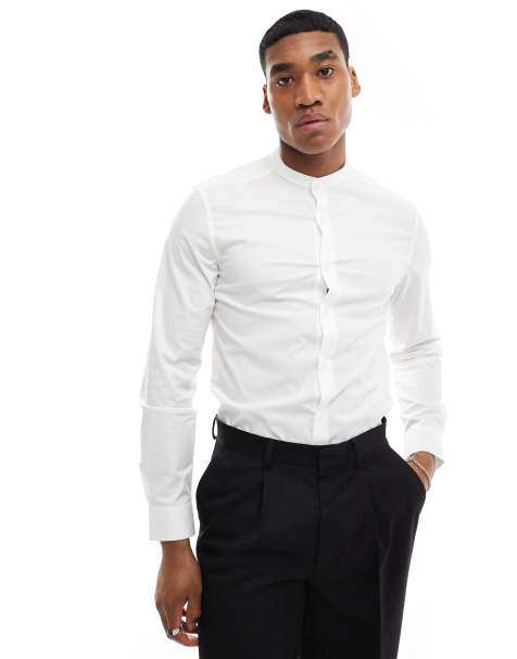 ASOS DESIGN – Leicht zu bügelndes Popeline-Hemd in Weiß mit Grandad-Kragen und schmalem Schnitt - view 1