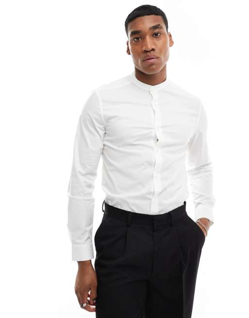 ASOS DESIGN – Leicht zu bügelndes Popeline-Hemd in Weiß mit Grandad-Kragen und schmalem Schnitt