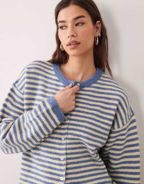 ASOS DESIGN – Leichte, gestreifte Strickjacke in Blau und Buttermilchgelb mit lockerem Schnitt - view 1