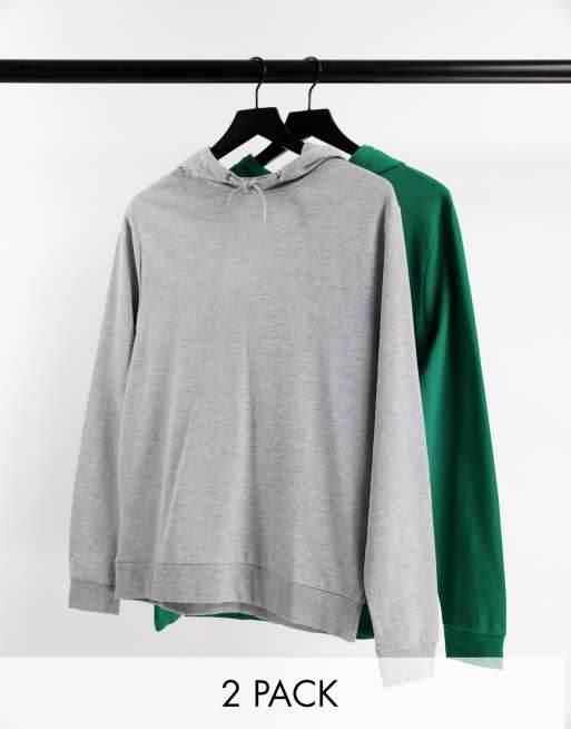 ASOS DESIGN – Leichte Kapuzenpullover im 2er-Pack, Grün/Grau meliert