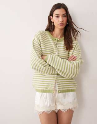 ASOS DESIGN - Leichte, locker geschnittene Strickjacke in Pistaziengrün und Weiß gestreift-Mehrfarbig