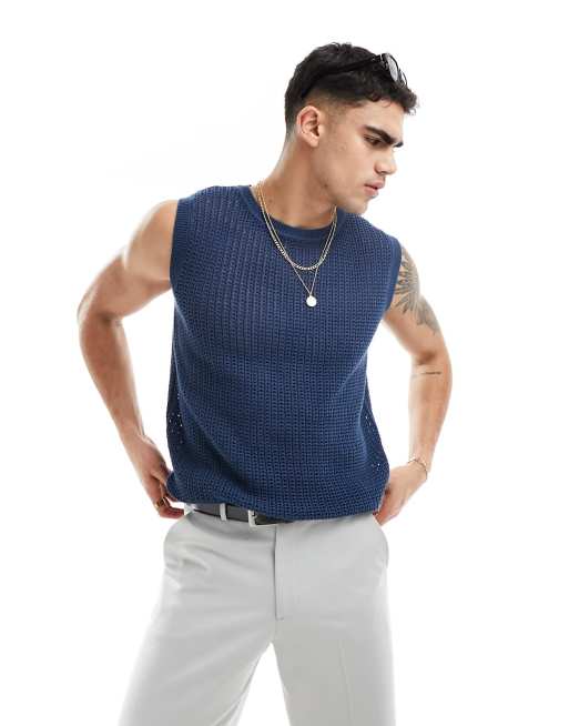 ASOS Design – Leichter gestrickter Pointelle-Pullunder in Marineblau mit U-Boot-Ausschnitt
