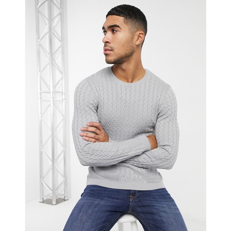 DESIGN – Leichter Muskel-Pullover mit Zopfmuster in Grau