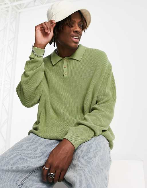 ASOS DESIGN – Leichter Oversize-Pullover in Grün mit Polokragen