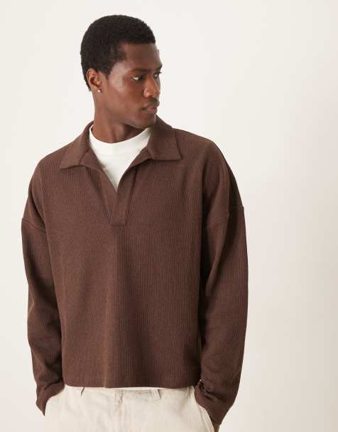 ASOS DESIGN – Leichter Polopullover in Strickoptik in Braun mit Oversize-Schnitt und tief angesetzter Schulter - view 1