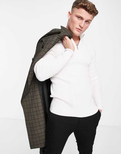 ASOS DESIGN – Leichter Strickpullover mit Zopfmuster und kurzem Reißverschluss in Weiß