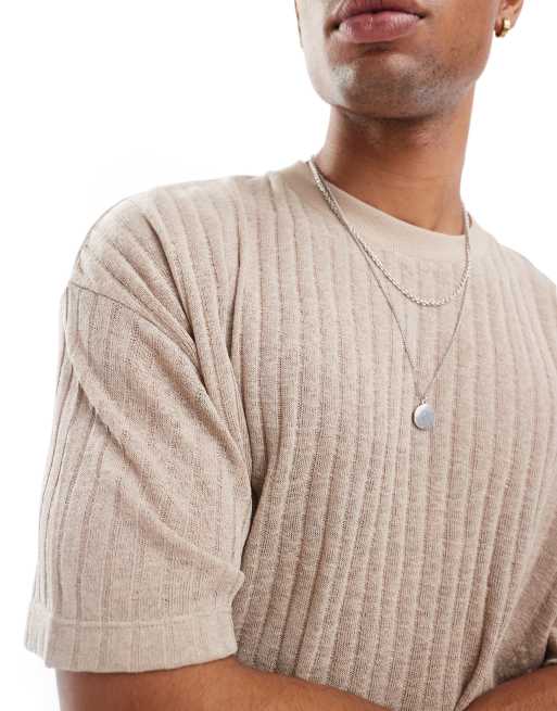 ASOS DESIGN – Leichtes, kastiges Oversize-T-Shirt in Steinbeige mit Rippmuster, 2 von 4