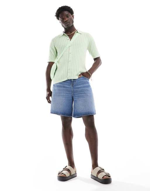 ASOS DESIGN – Leichtes Polohemd aus Rippstrick in Salbeigrün mit durchgehender Knopfleiste