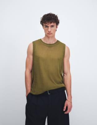 Leichtes Relaxed-Fit-Tanktop aus Strick in Khaki-Grün Grün S