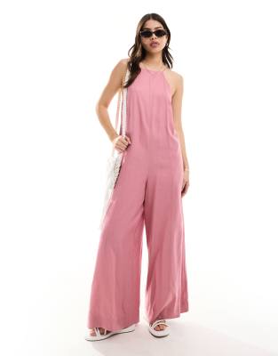 Thumbnail - ASOS DESIGN - Leinen-Jumpsuit in staubigem Rosé mit Racer-Ausschnitt und Kreuzschraffur-Rosa