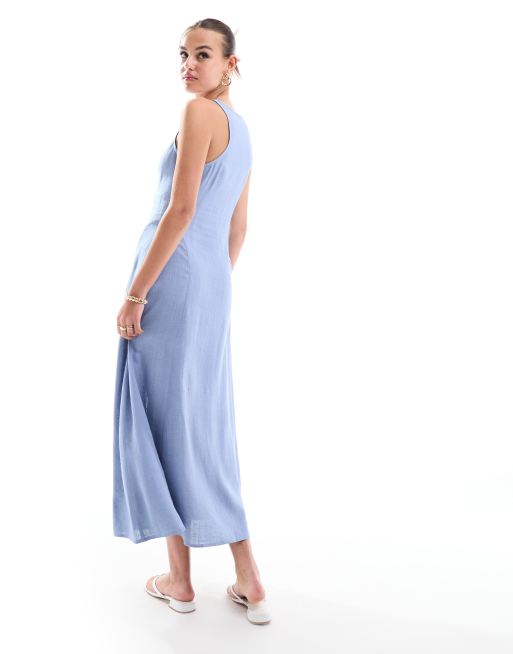 ASOS DESIGN – Leinen-Midikleid in Eisblau mit weitem Rock und durchgehender Knopfleiste, 3 von 4
