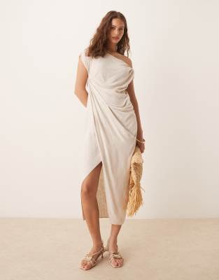 ASOS DESIGN - Leinen-Midikleid in Hellbeige mit Wickelrock und fallender, verdrehter Schulterpartie-Neutral