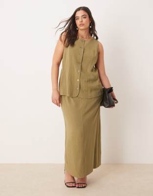 ASOS DESIGN - Leinen-Midikleid in Khaki mit Westen-Detail-Grün