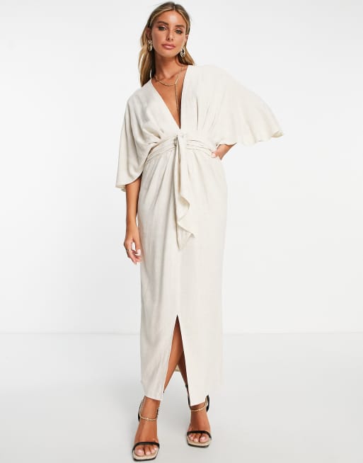 ASOS DESIGN – Leinen-Midikleid in Naturfarbe mit Fledermausärmeln und Bindeband vorne