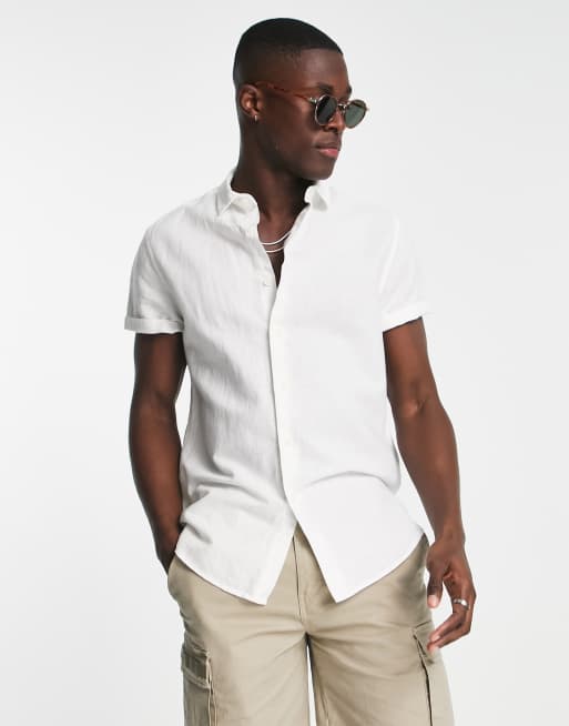 ASOS DESIGN – Leinenhemd in Weiß mit normalem Schnitt und umgeschlagenen Ärmeln