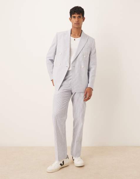 ASOS DESIGN – Leinenmix-Anzughose in Blau mit geradem Bein und Nadelstreifen - view 1